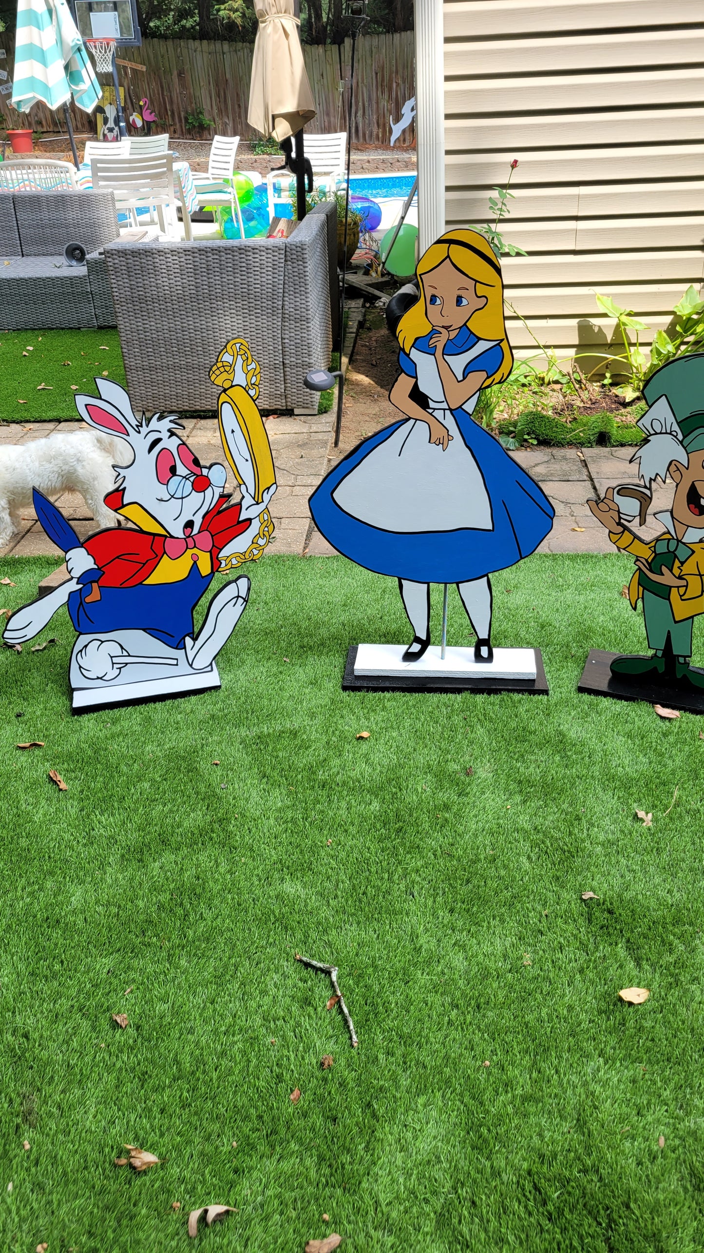 Alice, Mad Hatter, Rabbit yard art