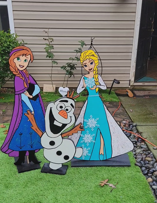 Elsa, Anna, and Olaf lifesize Yard Art display